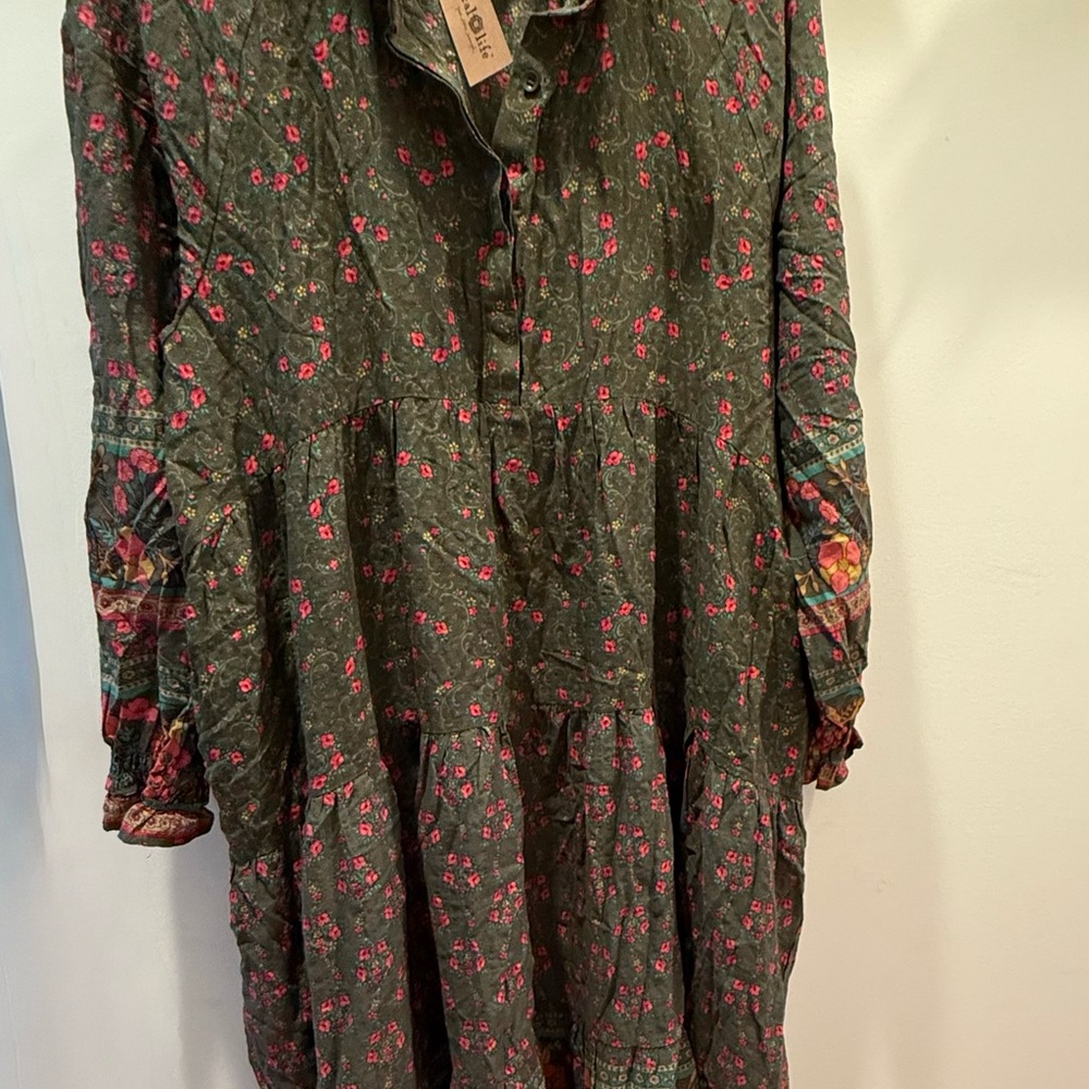 NATURAL LIFE Olive Green Long Sleeve Tiered Floral Dress with Pink Print